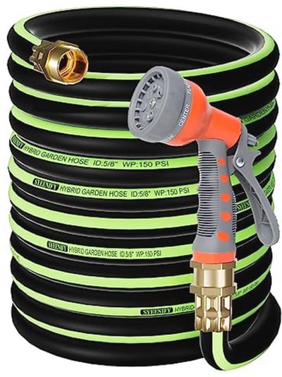 SYEENIFY Kink-free Garden Hose 30m 5/8 inch, Heavy Duty Hybrid Water Hose, Ultra Durable Flexible Rubber Hose with Sprayer Nozzle, Leak-Proof Outdoor Hose with Brass Solid Connector
