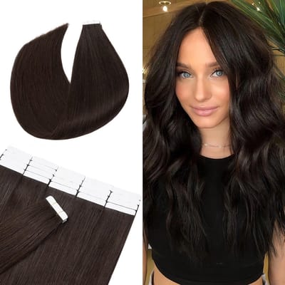 Echthaar Tape in Extensions voor een Natuurlijke Look - Invisible Seamless Haarstukken van Mensenhaar - 40cm Donkerbruin #2 (20 Stuks)