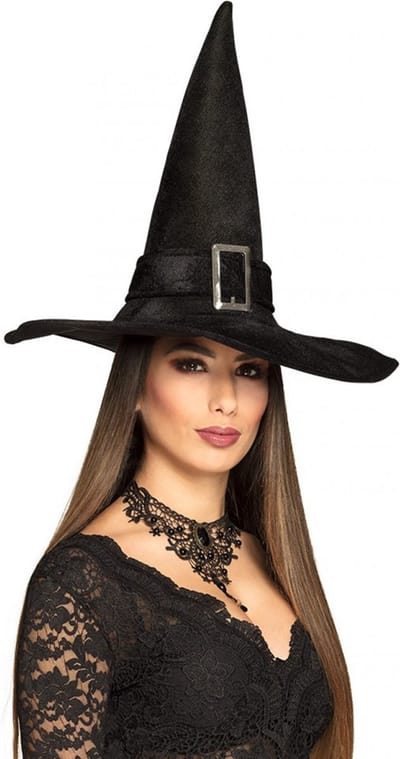 KIMU® Hoge Heksenhoed Zwart Heks Hoed Fluweel Halloween Band Gesp Festival
