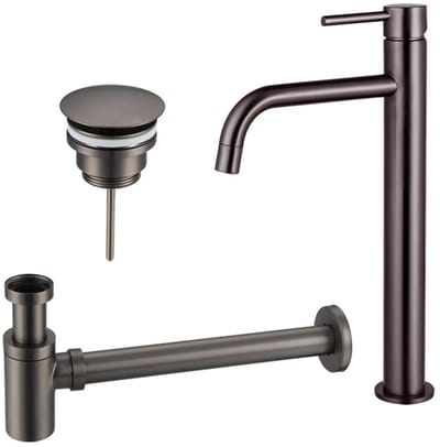 FugaFlow Eccelente Sobrado Badkamer Slim Wastafelkraanset - verhoogde wastafelkraan - always open plug - verlaagde design sifon - PVD Gepolijst Gunmetal