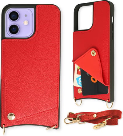 Casemania Hoesje Geschikt voor Apple iPhone 12/12 Pro - Back Cover met Draagkoord - Pasjeshouder Hoes met Bandje - Crossbody Telefoonhoesje - Lanyard Case - Rood