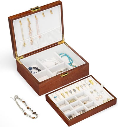 Houten Sieradendoos met 2 Lagen voor Ringen, Oorbellen en Horloges - Sieraden Opbergdoos