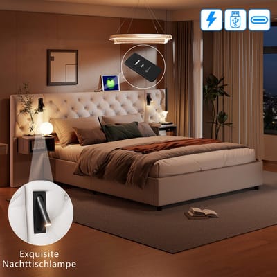 Tweepersoonsbed 140x200cm – Beige Fluweel – Hydraulisch Opbergbed met USB & Type-C, 2 Leeslampjes en Hoofdbord-Opbergruimte