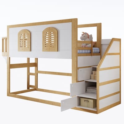 Hoogslaper - Kinderbed - Massief Hout - Trapkast - Speelruimte - Raamdesign - Lattenbodem - Veilige Trap - Kinderkamer - 90x200cm - 1 Stuk - Wit Natuur