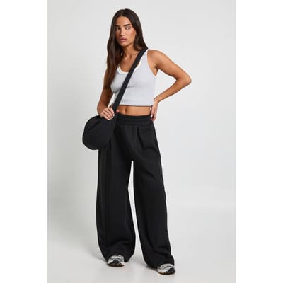 boohoo Dames Petite Hoge Taille Plooi-detail Jogger met rechte pijpen | Zwart | Maat: Medium