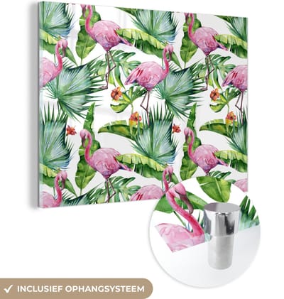 MuchoWow® Glasschilderij 120x90 cm - Schilderij acrylglas - Bladeren - Flamingo - Bloemen - Jungle - Foto op glas - Schilderijen