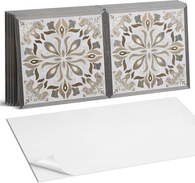 Coloray Plaktegels - Bloemenpatroon met symmetrie Wandtegel Zelfklevend - 60 cm x 30 cm - Beige Plaktegels - 6 stuks - Rechthoek PVC Tegels - Plaktegels Keuken - Zelfklevende Vloertegels Badkamer - Vinyl Tegels - Zelfklevende Wandtegels