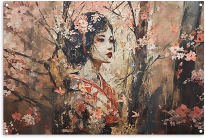 Tuinposter Vrouw Kimono - Balkon Poster Tuindecoratie - Buiten Decoreren - Weerbestendig PVC Materiaal - 120x80 cm - Kersenbloesem