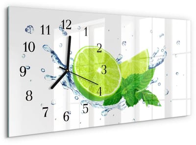 Tulup Wandklok - Citroenmunt Wandklok Glas Decoratie - 60x30 cm - Groente Gekleurde Glazen Klok - Zwarte Handen - Rechthoekige Wandklok - Gekleurde Glazen Klok - Glazen Klok Met Print