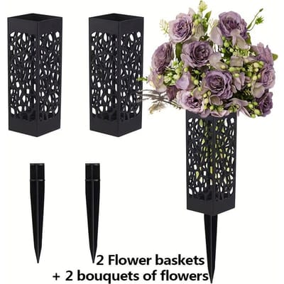 2 Boeketten Kunstmatige Begraafplaatsbloemen en 2 stuks Begraafplaats Grondbloemenmanden, 30 Koppen Pioenroos en Hortensia Gemengde Kunstbloemen 30 flowers+2 baskets paars