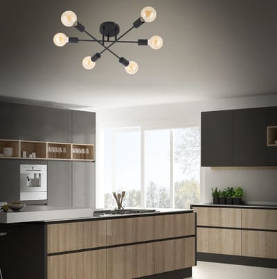 Trango 6-vlams plafondlamp 1012-65ASD zwart-mat *SKY* incl. 6x 4 Watt 3-traps dimbaar E27 2500K Amber LED lamp vintage kroonluchter, ganglamp, keukenlamp, plafondlamp, woonkamerlamp