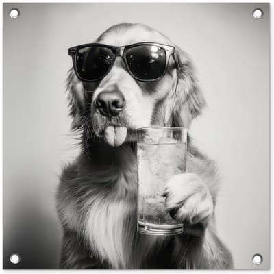 Tuinposter 50x50 cm - Tuindecoratie Golden retriever - Hond - Zonnebril - Gkas - Poster voor in de tuin - Buiten decoratie - Schutting tuinschilderij - Tuindoek muurdecoratie - Wanddecoratie balkondoek