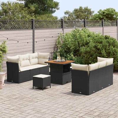vidaXL - Tuinbank - Set - met - kussen - 9 - pcs - Zwart - en - Crème - poly - rattan