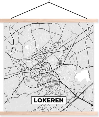 Posterhanger incl. Poster 40x40 cm - Schoolplaat - België – Lokeren – Stadskaart – Kaart – Zwart Wit – Plattegrond - Textielposter - Blanke latten - Stadskaart
