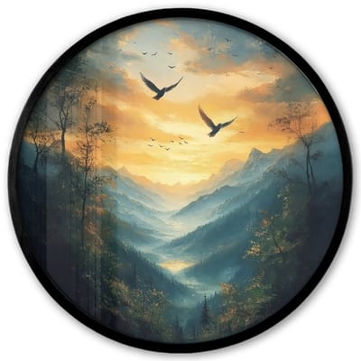 Poster in lijst Rond - Fotolijst 40x40 cm - Posters - Vogels - Zon - Bomen - Groen - Ronde posterlijst zwart - Decoratie - Wanddecoratie woonkamer - Muurdecoratie slaapkamer