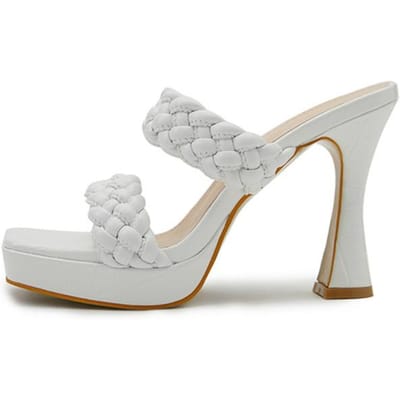Mode Handgemaakte Leer Vlechtwerk Zomer Slippers Sandalen Dames Open Teen Dikke Bodem Platform Hoge Hakken Slides Schoenen 40 wit