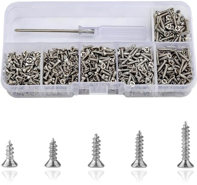 Famanu – Kleine houtschroeven met platte kop in diverse lengtes 5–10 mm, kruiskop, inclusief schroevendraaier, ideaal voor fijn doe-het-zelf werk (1000 stuks)