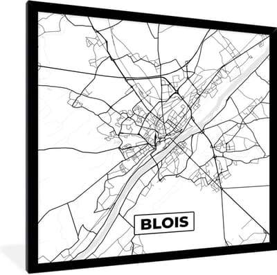 Fotolijst incl. Poster Zwart Wit- Stadskaart - Blois - Plattegrond - Kaart - Frankrijk - Zwart wit - 40x40 cm - Posterlijst