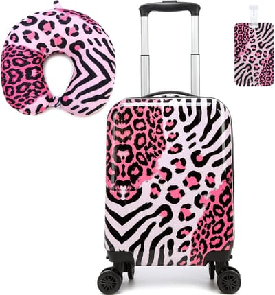 SnelShoppen - 2-delige Kinderkoffer Set met Nekkussen en Kofferlabel, Ideaal voor Kinderen, 41 cm x 30 cm x 10 cm, Zwart Roze, 360° Wielen, Perfect vo