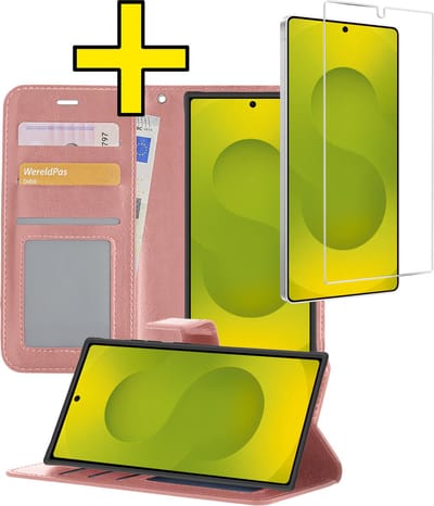 Hoesje - Met Screenprotector - Geschikt voor Samsung Galaxy S25 Ultra - Luxe Pasjeshouder - Bookcase Portemonee - Flip Case - Kunstleer Book Case - Flipcase - Book Cover - Walletcase - Portemonneehoes - Telefoonhoesjes - Rosé goud
