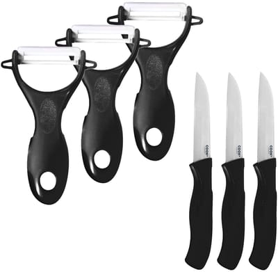Cook Concept Dunschiller Met fruitmesje - 3x - zwart - kunststof - 15 cm - aardappelschiller en extra schilmesje