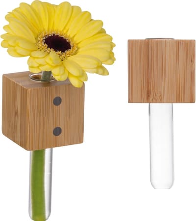 Magnetische mini-bloemenvaas, set van 2 - vaas van bamboe en glas - koelkastmagneet vaas voor bloemen & decoratie - kleine wandvaas voor metalen oppervlakken - 50 x 50 x 80 mm