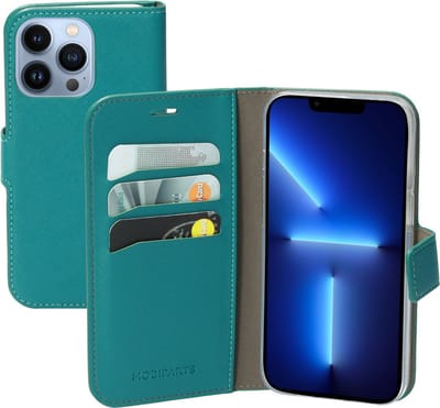 Mobiparts hoesje geschikt voor Apple iPhone 13 Pro - Saffiano Wallet/Portemonnee hoesje - Magneet Sluiting - 3 Opbergvakken - Turquoise