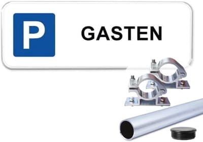 Parkeerbord Gasten 1 - Weerbestendig Aluminium - 40x15 cm - Bevestiging: Met paal 120 cm + paalbeugels + paaldop