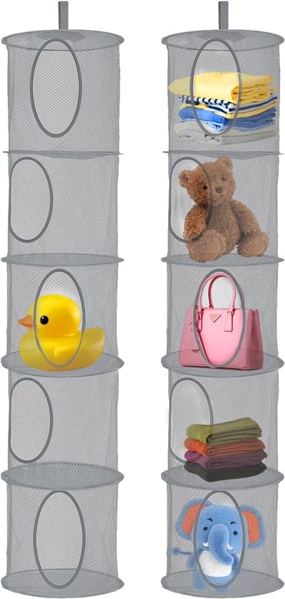 Famanu – Set van 2 hangende opbergnetten met 5 niveaus, opvouwbare ruimtebesparende organizer voor badkamer balkon en kast