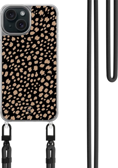 Hoesje met koord geschikt voor iPhone 15 - Savannah spots - Inclusief zwart koord - Crossbody beschermhoes - Transparant, Zwart, Bruin - Mooie Telefoonhoesjes