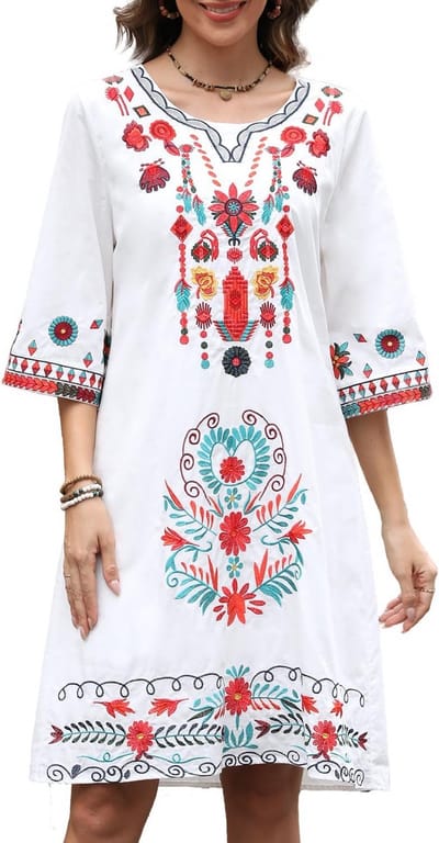 Bohemian 3/4 Mouwen Jurk met Bloemen Borduurwerk - Vintage Losse Vrijetijdsjurk voor Vrouwen