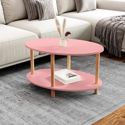 Ovale Salontafel met Onderplank 70x44 cm Roze en Houtkleur