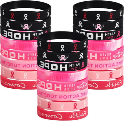 24-delige set armbanden voor bewustzijn, 8 stijlen siliconen roze lint, inspirerende polsbanden voor geloof, moed en liefdadigheid, praktische accessoires voor feestjes en geschenken