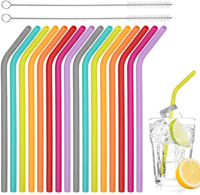 Dailygoods- Siliconen Rietjes 16 Stuks - Herbruikbaar - Flexibel - Inkortbaar - Met Reinigingsborstels - Voedselveilig Materiaal - Drinkrietjes