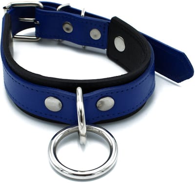 Kiotos - Zwart/Blauwe Lederen Collar met Grote O-Ring