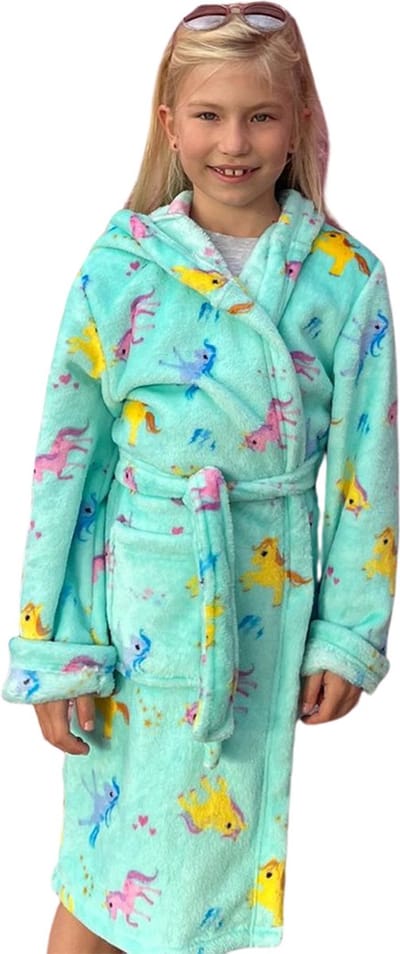 Unicorn kinderbadjas – Badjas kind unicorn – Kinderbadjas eenhoorn – Meisjes badjas – Kinderbadjas meiden – Kinderbadjas meisjes aqua blauw – Fleece kinderbadjas vrolijke kleuren – Kinderbadjas capuchon – XL= 11-13 jaar