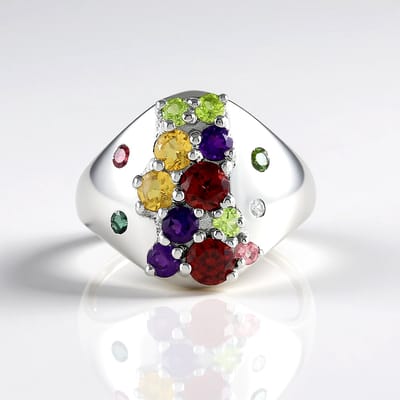 Cavill - Multigem Zilveren Ring - 925 Sterling Zilver Platina - Mozambique Granaten 0,601 ct - Citrien Amethist Peridoot Toermalijn