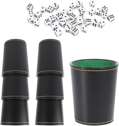 Leerzame Dobbelsteen Set met 6 Mokken en 36 Dobbelstenen, Perfect voor Spelletjesavonden en Reizen, Inclusief Opbergtas en Leuke Puzzels