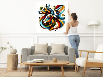 Modern koeien schilderij | Koe-llage: een eigentijds kunstwerk dat koeien en moderniteit combineert | Kunst - 100x100 centimeter op Canvas | Foto op Canvas