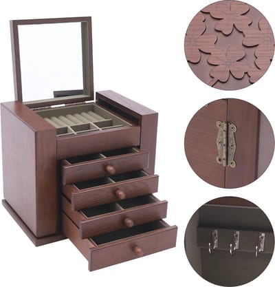 Gran Vida® - Sieraden Organizer - 5 Lagen - Rustiek Hout - 4 Laden - Voor Horloges, Kettingen, Ringen