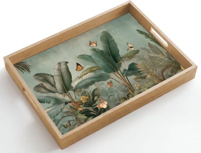 Dienblad hout 50x35 cm - Schootdienblad - Tropisch bladerdek - Vlinders - groen - Bruin - Borrelplank rechthoek - Plateau dienbladen