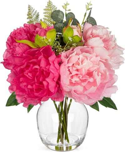 Realistisch zijden bloemstuk met roze pioenrozen in glazen vaas, perfect voor woonkamer, slaapkamer en kantoor decoratie, kunstbloemen voor een sfeervolle ambiance