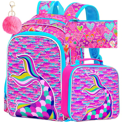 Roze Hart & Zeemeerminstaart Pailletten Rugzak voor Meisjes 3 STuks Duurzaam Waterbestendig Schoolrugzak Set met Lunchtas Etui voor