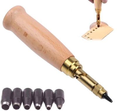 ONF3 - Automatische Lochstanzer - Perforator voor Leer en Papier - 6 Maten - Houten Handgreep - Handgereedschap - Voor DIY Projecten - Bruin