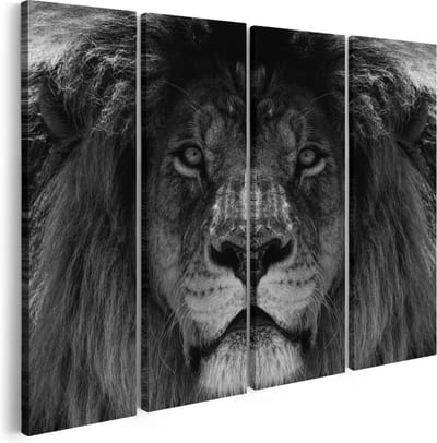 Artaza Canvas Schilderij Vierluik Leeuw - Leeuwenkop - Zwart Wit - 160x120 - Groot - Foto Op Canvas - Canvas Print
