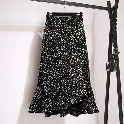 Jupe taille haute en queue de poisson en mousseline de soie, jupe trapèze polyvalente mi-longue d'été pour femmes L noir