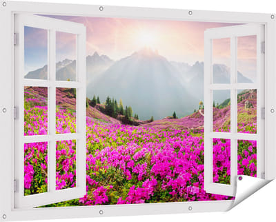 Gards Tuinposter Doorkijk Rhododendron Bloemenveld in de Alpen - 150x100 cm - Tuindoek - Tuindecoratie - Wanddecoratie buiten - Tuinschilderij