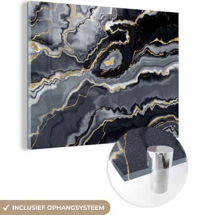 MuchoWow® Glasschilderij 120x90 cm - Schilderij acrylglas - Glitter - Goud - Marmer - Agaat - Geode - Foto op glas - Schilderijen