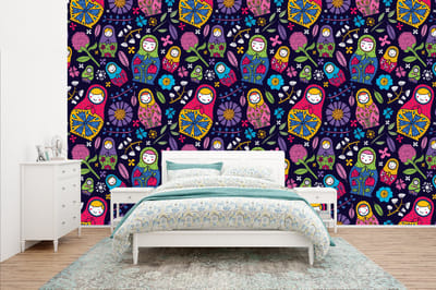 Behang - Fotobehang Matroesjka - Rusland - Bloemen - Breedte 435 cm x hoogte 260 cm