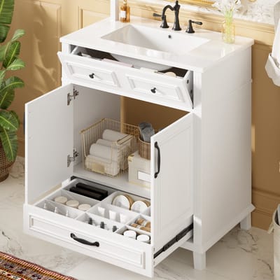 HAUSS SPOLE Badkamerkast - Vrijstaand Wastafelmeubel Met Keramische Wastafel En Softclose Deuren - MDF - 77x46x86 Cm - Wit